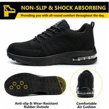 New Black Safety Shoes Men Women,Comfortable Breathable Air Cushion Work Shoes,Indestructible Steel Toe Sneakers,Fashion Construction Working Boots,Steel Toe Non Slip Work Shoes,Cushioned Insole Lightweight Work Sneakers,Anti-Smash, Anti-Puncture, Classic Sports Fashion, Breathable Low-Top, Wear-Resistant, Flexible, Comfortable Soft Sole, Outdoor Work Site Protective Shoes  (Women Please Order 1.5 Size Smaller)Christmas Gift/Festival Gift - 黑色 - 查看 5