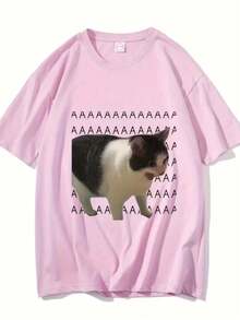 AAAAA Cat Meme T-Shirt Unisex Men's And Women's Blouse 100% Cotton Premium Top Streetwear New Release Immediate Shipping Various Colors!! Plus Size - 淺粉色 - 查看 1