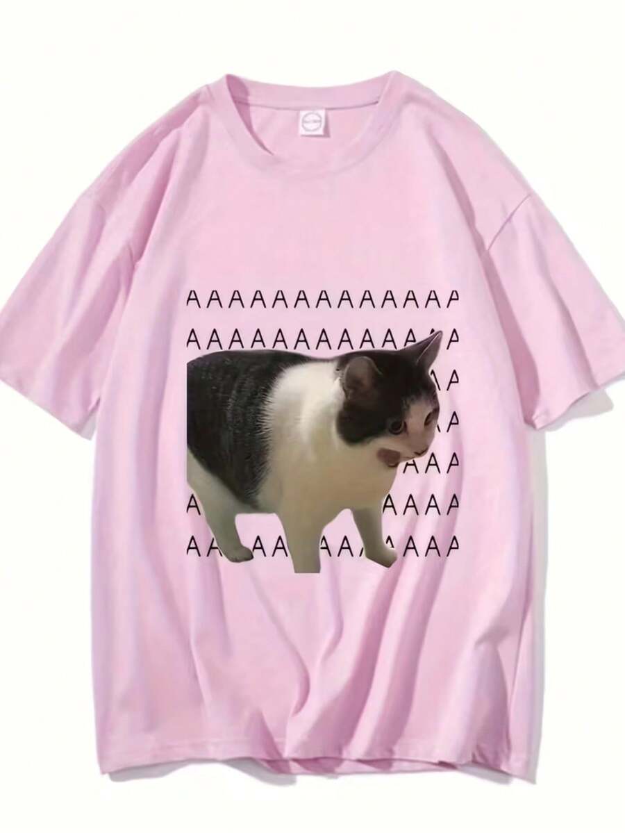 AAAAA Cat Meme T-Shirt Unisex Men's And Women's Blouse 100% Cotton Premium Top Streetwear New Release Immediate Shipping Various Colors!! Plus Size - 淺粉色 - 查看 1