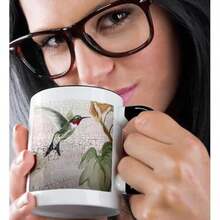 3dRose mug_44373_4 "Hummingbird By Yellow Trumpet Flower on Crackled Background" Two Tone Black Mug, 11 oz, Multicolor(325.30 ml (11 oz)) - Multicolor - Ver 2
