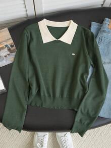 Korean Polo Collar Autumn/Winter New Short Top, Thin Top, Contrasting Color, Long Sleeved Women's Sweater