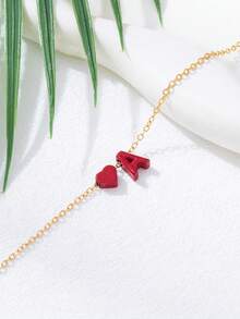 简约时尚喷绘红色爱心及26个英文字母吊坠手链，女士珠宝礼物，日常佩戴 - 紅色 - 查看 3