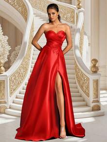 VIPGIRL Women's Strapless Evening Gown With Floral Pattern And Side Slit Design, Elegant And Sophisticated - Red - View 1