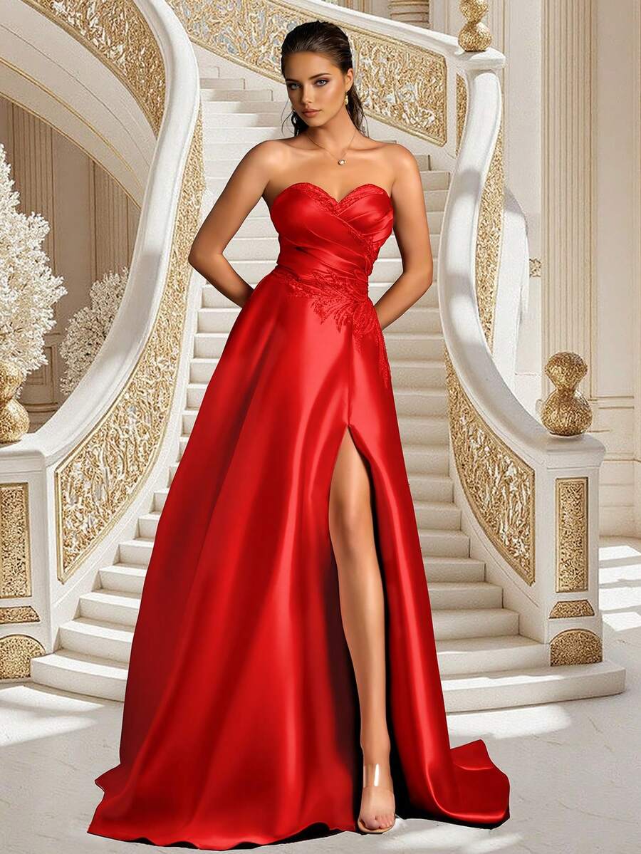 VIPGIRL Women's Strapless Evening Gown With Floral Pattern And Side Slit Design, Elegant And Sophisticated - Red - View 1