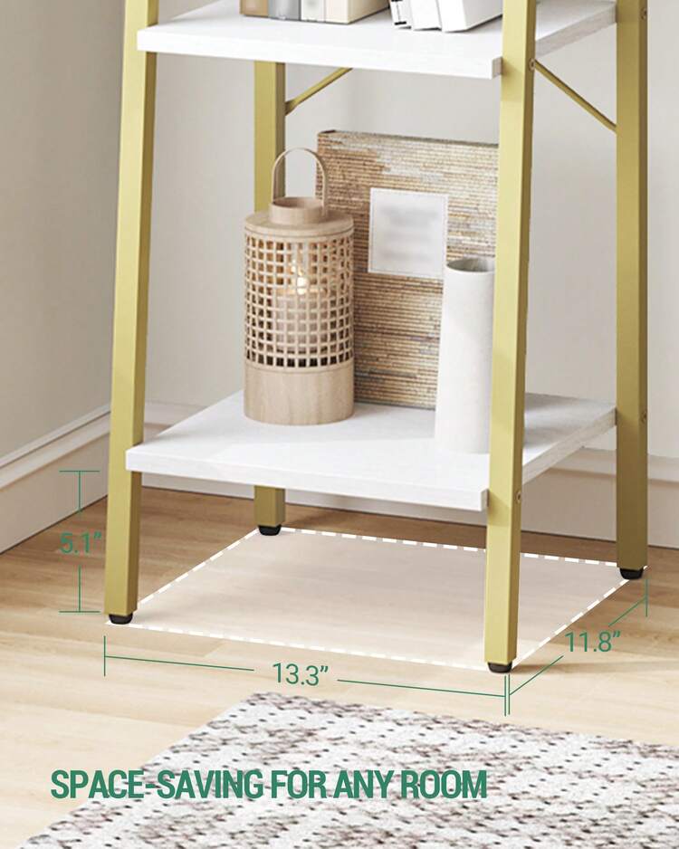 HaluPeit 4/5-Tier Ladder Shelf, Bookshelf Bookcase, Freestanding Corner Storage Shelve With 2 Hooks For Home Office, Living Room, Kitchen, Bedroom, Industrial,Home Decor, White And Gold - Vàng - Xem 8