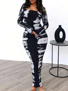 Spring And Summer Elegant Long-Sleeved Ankle-Length Tie-Dye Contrasting-Color Print Tight-Fitting Dress, Sexy Tight-Fitting Figure-Hugging Long Dress For Women - màu đen - Xem 2
