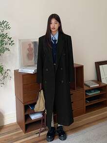 女士纯色双排扣复古翻领长款羊毛混纺大衣，冬季 - 黑色 - 查看 6