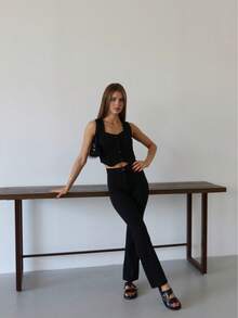 Two Pieces Suit Chic Black Cropped Vest & High-Waist Trousers Set - Black - View 5