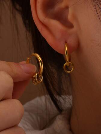 1对时尚光滑三环耳环，女士金色不锈钢几何耳环，婚礼派对珠宝礼物