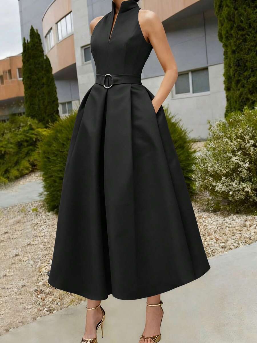 Women's Elegant Tie-Waist A-Line Dress, New Spring/Summer & Summer/Autumn Styles, Sleeveless V-Neck, Office/Commute Dress - Black - View 1