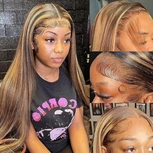 P4/27# Highlight Ombre Lace Front Wigs Human Hair 24 Inch Honey Blonde Straight Hair Human Hair Wigs 13X4 Pre-Plucked Baby Hair Lace Frontal Wig 180% Density Pre-Bleached Knots Suitable For To Wear - SP4/27 - View 2