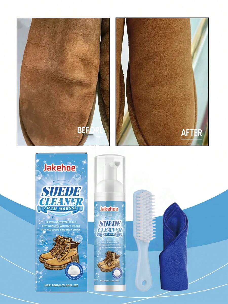 jakehoe 绒面革清洁剂/绒面革及绒面革皮革清洁剂 - 一款清洁和护理绒面革及哑光皮革的溶液，适用于清洁针织绒面革、哑光皮革以及各种材质的皮革和帆布鞋。它能深层去除绒面革、织物和亚麻鞋上的污垢、污渍和水渍。是馈赠亲朋好友的完美之选，内含刷子和抹布，随机发货，全新或二手均有。