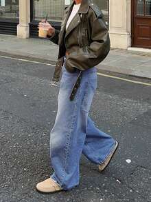 休闲优雅新款时尚女式牛仔裤宽松阔腿舒适裤高品质时尚休闲风格 - 藍色 - 查看 4