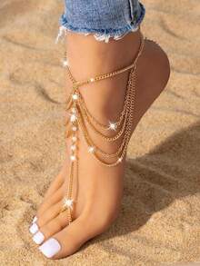 1pc Fashion Bead Decor Mittens Anklet For Women For Vacation - 銀色 - 查看 1