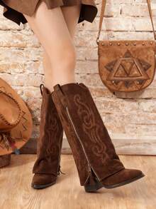 Women's Cowboy Boots Wide Calf Side Zipper Pointed Toe Pull On Boots Western Country Classic Embroidery Retro Flower Fashion Summer Country Concert Boots For Women - 棕色 - 查看 6
