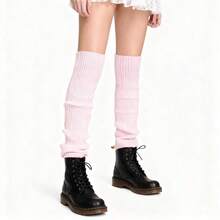 1 Pair Women Solid Color Vertical Stripe 90cm Long Knitted Leg Warmers, Versatile, All Season - Pink - View 8