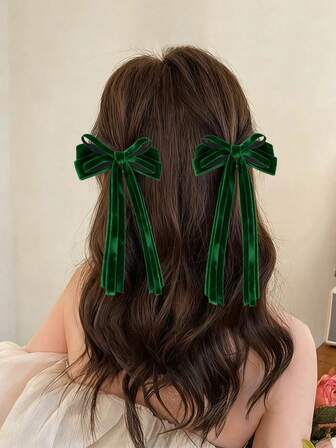 2 st. mörkgröna hårspännen i sammet med rosett, hårband med dubbla lager och rosett, lämpliga för fester, höst/vinter, långa håraccessoarer, passar tjejer/kvinnor, julklapp, klospännen, hårspännen