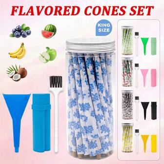 50pcs Flavored Rolling Papers | King Size Flavored Pre-Rolled Cones | Pre-Rolled Papers With Filters And Mouthpieces, Includes Filler And 2-In-1 Smoking Pipe, Small Brush, Convenient To Use, Rich Flavors, Slow And Even Burning, Colorful Patterns, Smoking Accessories, Suitable As Christmas Or Birthday Gifts