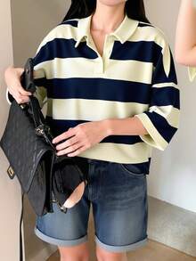 DAZY 女士黑白条纹宽松Polo领短袖T恤，休闲夏装超大码T恤 - 藏蓝色 - 查看 4
