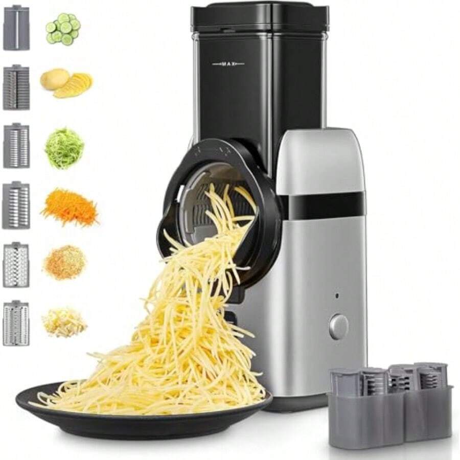 JIAO Electric Cheese Grater Upgraded 6-IN-1 Large Feed Chute Electric Vegetable Slicer With Different Blades And Storage Box Cheese Shredder Electric Slicer For Cheese Fruits Vegetables HU - 銀色 - 查看 1