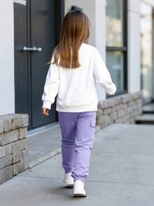 2pcs/Set Tween GirlsSpring/Autumn Long Sleeve Sweatshirt & Cargo Pants Set, Butterfly & Letter Print, Casual, Comfortable, Fashion - Mauve Purple - View 3