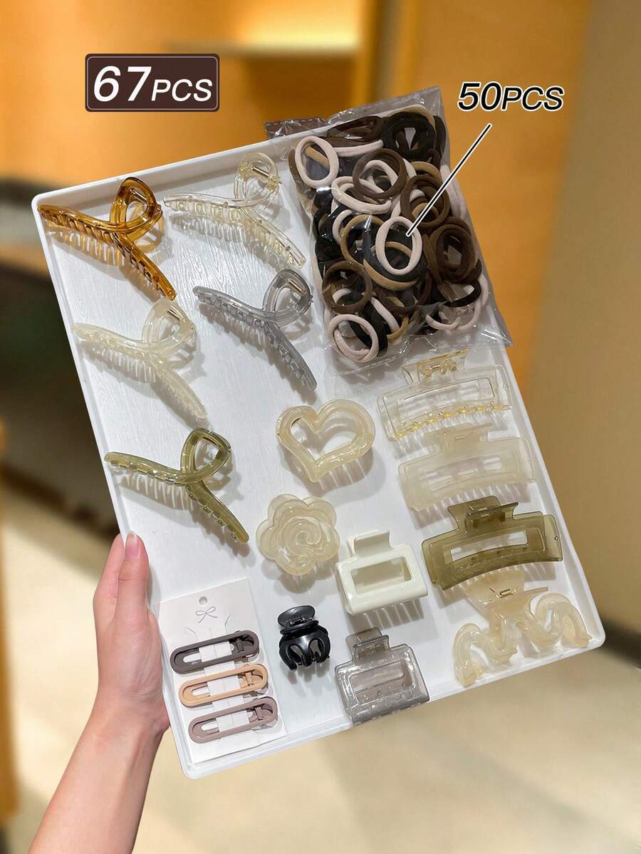 67件套女士发饰套装，简约百搭，包含发圈、发夹、发爪，款式多样，适合日常休闲佩戴，女士配饰，发爪夹 - 彩色 - 查看 1