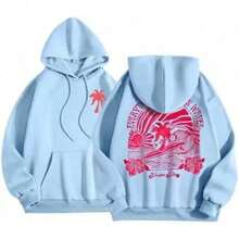 2025Hawaii Hibiscus Letter Print Embroidered Loose Sweatshirt Women's Drop Shoulder Sleeve Ribbed Hoodie Printlong Sleeve Tops,Tops,Hoodies - 藍色 - 椰子樹(粉紅色圖像) - 查看 1