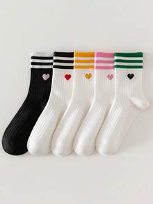 5 pares de calcetines hasta el tobillo para mujer con bloques de color, decoración de corazón, estilo lindo y dulce, casual, deportivo y escolar - Multicolor - Ver 9