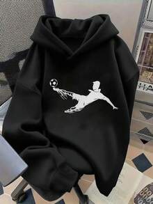 1pc Tween Boys' Casual Printed Pullover Sweatshirt, Thermal Lined, Long Sleeve, Autumn/Winter - Black - View 6