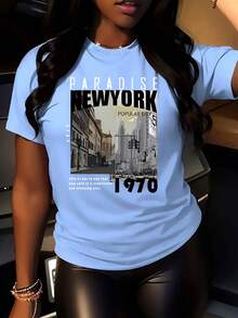 Plus Size-1pc Letter Print Women's Pattern T-Shirt-Casual Polyester Knitted Fabric, Round Neck, Four Seasons Comfortable - Xanh da trời - Xem 1