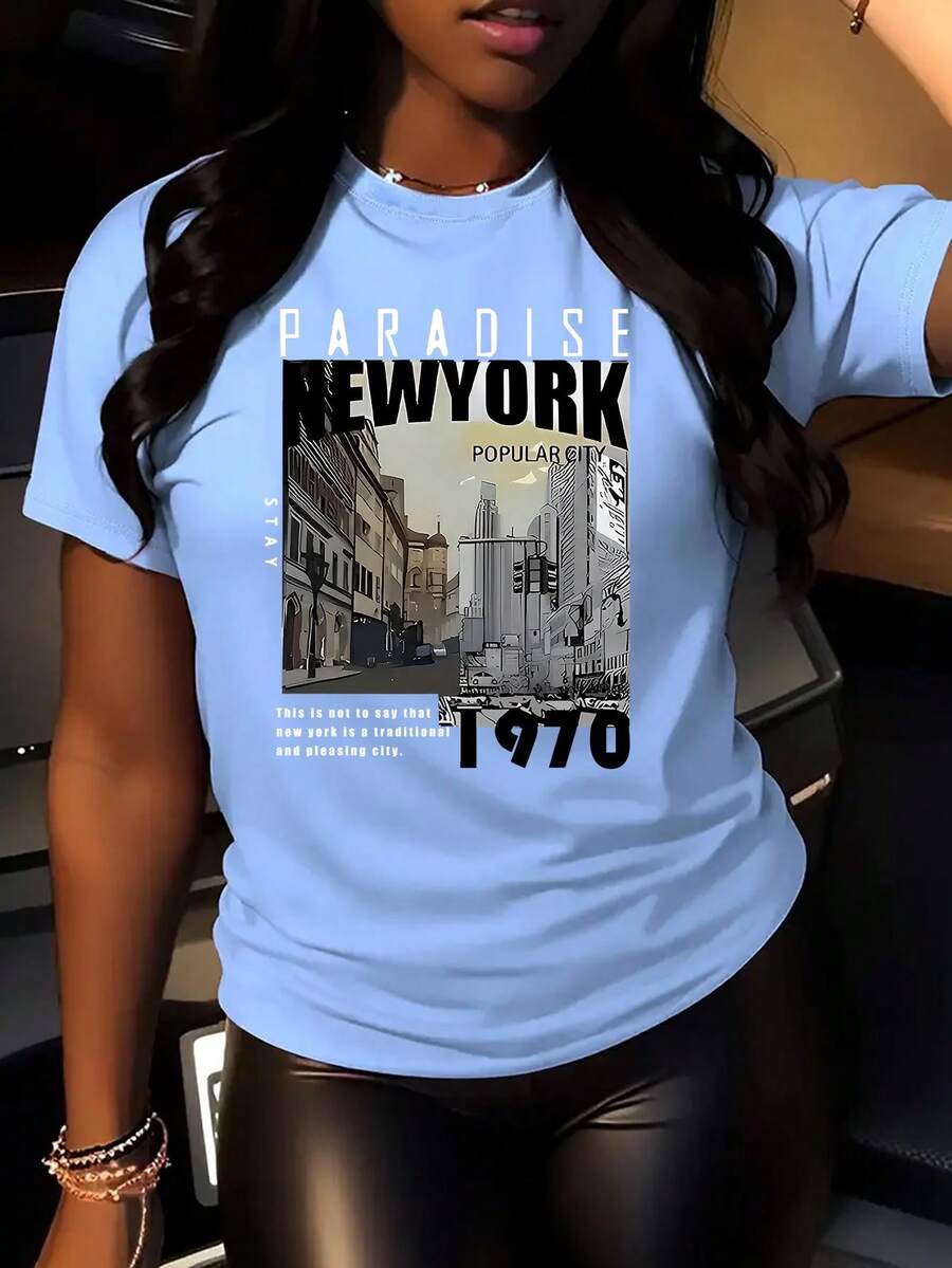 Plus Size-1pc Letter Print Women's Pattern T-Shirt-Casual Polyester Knitted Fabric, Round Neck, Four Seasons Comfortable - Xanh da trời - Xem 1