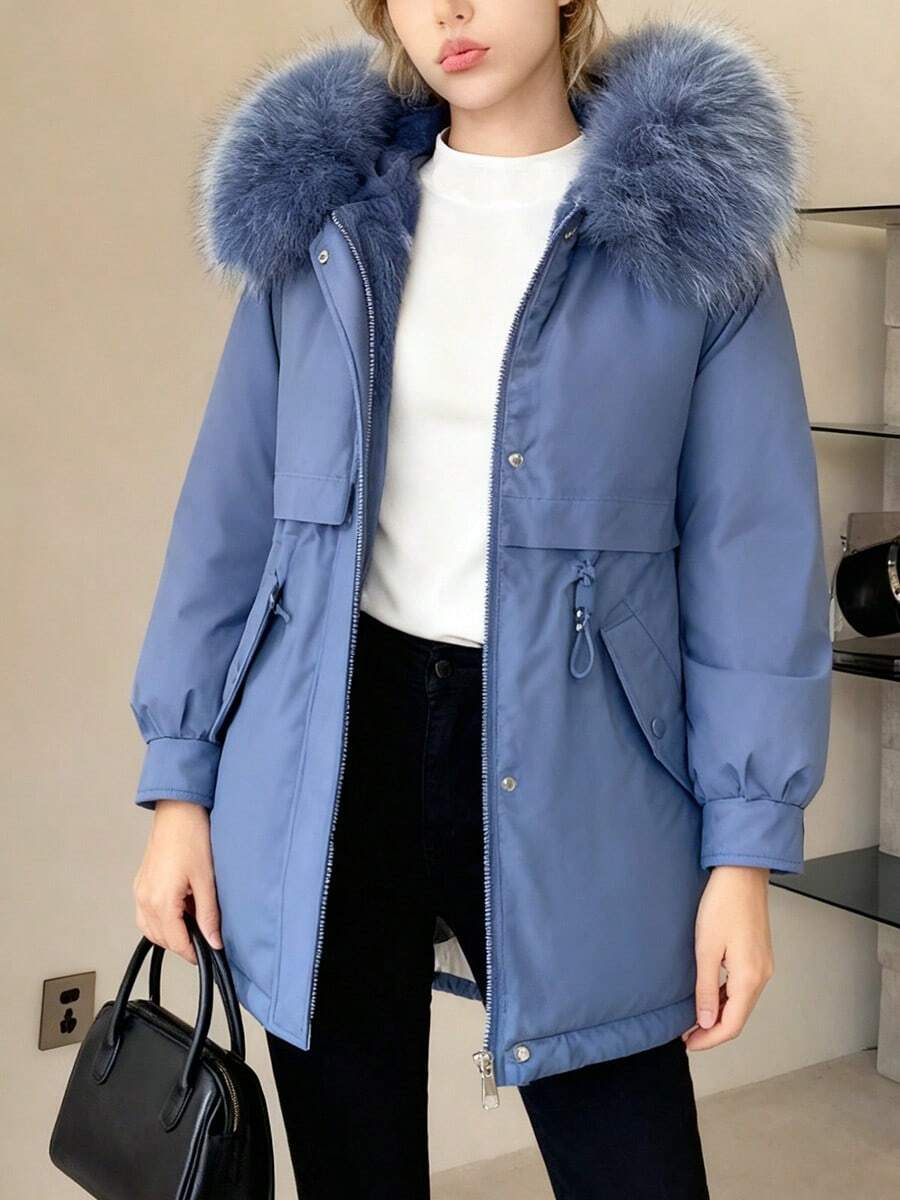 Parka acolchada de invierno Chaqueta de algodón Suelta Chaqueta de algodón Abrigo Abrigo de algodón de largo medio para mujer Nuevo estilo invernal con forro polar y diseño grueso Cuello de piel grande Chaqueta de algodón de estilo coreano Parka de largo medio con capucha, cremallera y botones Bolsillos y cuello de piel Parka inspirada en la ropa de trabajo Corte holgado y cálido - Azul - Ver 1