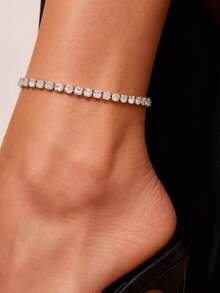 1pc Bling Stainless Steel Zirconia Tennis Chain Anklet, Women's Leg Chain For Daily Wear, Dates, Parties, Christmas Gift - White Diamond Anklet - View 1