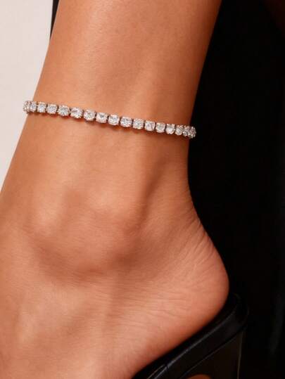 1pc Bling Stainless Steel Zirconia Tennis Chain Anklet, Women's Leg Chain For Daily Wear, Dates, Parties, Christmas Gift