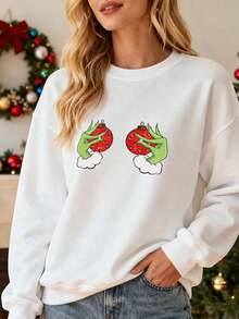 Sudadera para Mujer con Estampado de Manos Verdes y Globos Rojos de San Valentín, Sudadera de Cuello Redondo, Ideal para Fiestas de San Valentín, Regalo para Ella, Estilo Retro, Confortable y Suave, Adecuada para Uso Cotidiano y Eventos Festivos - Blanco - Ver 1