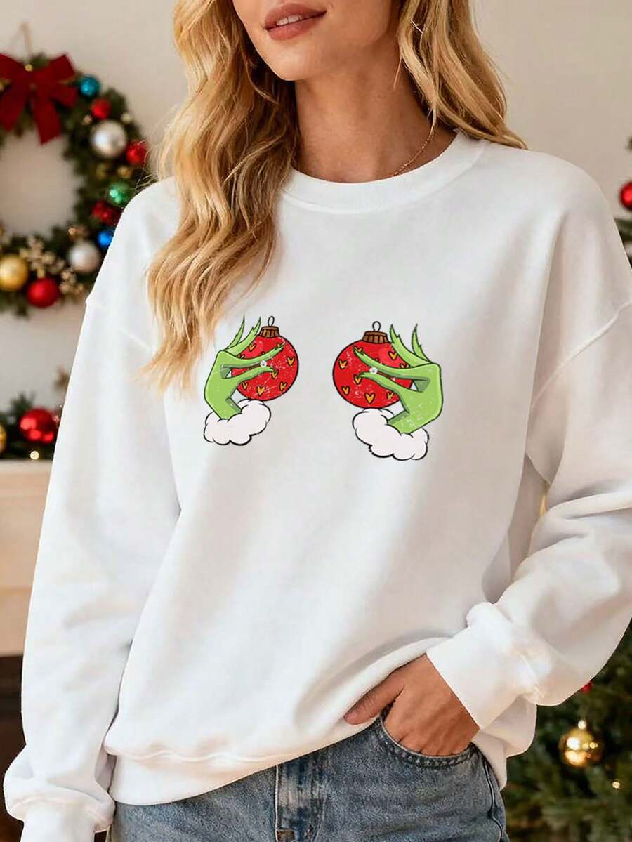 Sudadera para Mujer con Estampado de Manos Verdes y Globos Rojos de San Valentín, Sudadera de Cuello Redondo, Ideal para Fiestas de San Valentín, Regalo para Ella, Estilo Retro, Confortable y Suave, Adecuada para Uso Cotidiano y Eventos Festivos - Blanco - Ver 1