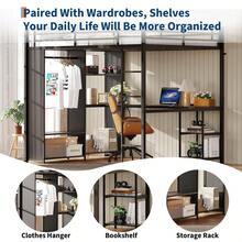 Queen Loft Bed With L-Shaped Desk And Storage Shelves, Queen Size Loft Bed Frame With Wardrobe, Hanging Rod, Guardrail And Ladder, Adults-Loft Beds Nosie-Free(Ship In 2 Boxes) - 黑色 - 查看 3
