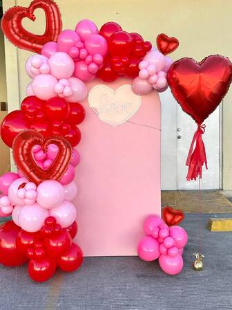 143 delar set med hjärtformade ballonger för alla hjärtans dag, inkluderar röda hjärtan, foliehjärtballonger, röda, magenta, ljusrosa latexballonger, lämpliga för festdekoration, bröllop, brudfest, årsdag, födelsedagsfest, rosettdekoration, alla hjärtans dag, fotorekvisita, prinsessfödelsedagsfestdekoration, ensamstående damdekoration