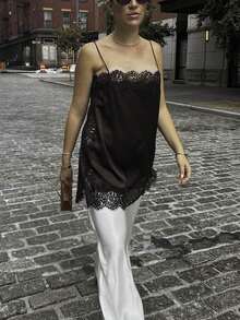 Women Y2k Lace Camisole Top Satin Square Neck Side Split Cami Silk Sleeveless Spaghetti Strap Loose Going Out Tank Backless Nightgown Sleepwear Sliky Short Wedding Nightgown,Party Streetwear,Rave Outfit,Club Outfits,Beach Vacation Outfits,Spring Break Outfits,Valentines Clothes,St Pattys Day Outfit,Easter Outfit - 紅棕色 - 查看 8