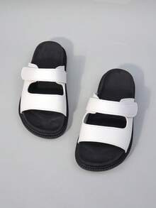 1 Pair Girls' Sandals, Black And White Color Block Double Strap Decoration, Fits Foot Shape, Open Toe Low-Top, Hook And Loop Fastener, Flat Design, Fashionable Minimalist Slide Style, Suitable For Shopping, Outdoor Walking And Other Occasions. - White - View 6