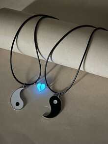 ATLVXJL 2pcs/Set Glow-In-The-Dark Couple/Friendship Necklace Set With Chinese Taiji Yin Yang Heart Pendant, Casual Jewelry Suitable For Daily Wear And Valentine's Day Gift - Multicolor - View 1