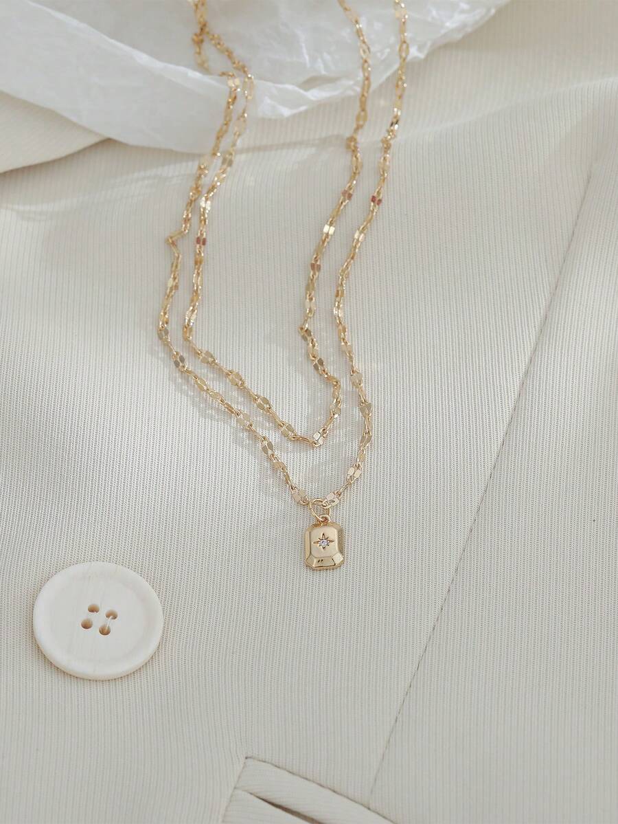 Tkool 2件套时尚个性化唇形链双层长方形铜质微镶嵌闪亮锆石吊坠项链颈链 - 金黃色 - 查看 1