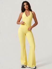 NcmRyu 1 Set Women's Sexy Halter Deep V-Neck Backless Shaping Flared Sports Suit - Yellow - View 11