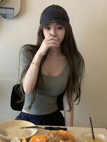 Minimalistic U-Neck Middle Sleeve T-Shirt, Design Style, Slim Fit Cropped Top For Summer - Grey - View 1