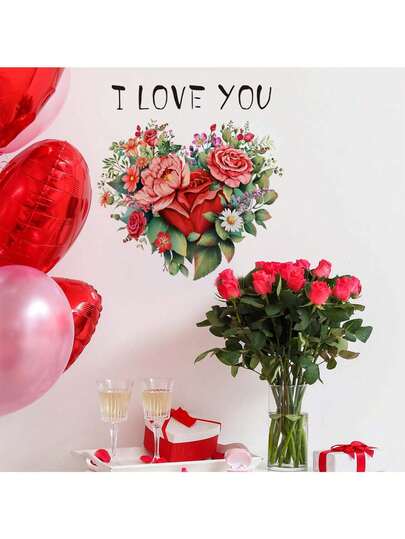1 pieza Pegatina decorativa de planta y flor de amor del Día de San Valentín, pegatina de PVC removible y autoadhesiva, fácil de despegar, decoración del hogar para alegrar tu vida, pegatinas de decoración navideña, regalo de cumpleaños o graduación