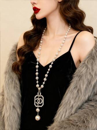 1 pieza Collar largo con decoración de flor de camelia y perla, cadena de suéter elegante y de moda, colgante versátil