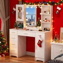 Large Dressing Table 6 Drawer Makeup Desk Dresser W/LED Mirror 7 Open Shelves - White - View 4