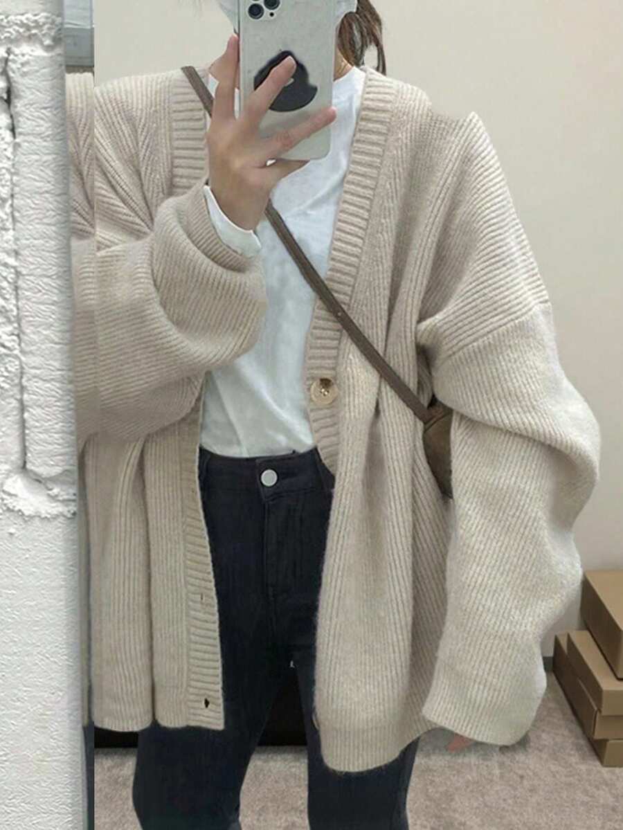 女士休闲针织开衫,秋冬 - 米色 - 查看 1