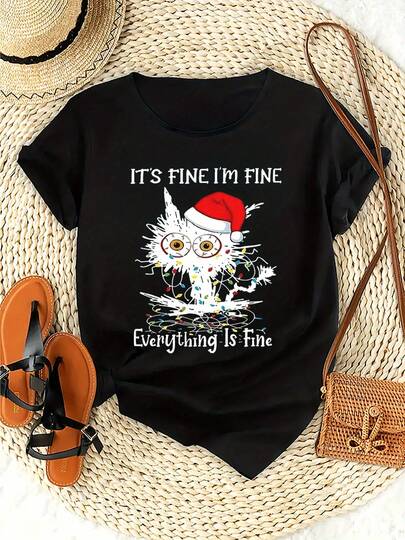 Camiseta Navideña 'Está bien, estoy bien' para Mujeres - Camiseta Negra de Manga Corta con Cuello Redondo, Gorro de Santa y Estampado de Copos de Nieve, Atuendo Casual para Fiestas, Regalo Lindo para Amantes de Gatos (Lavable a Máquina)