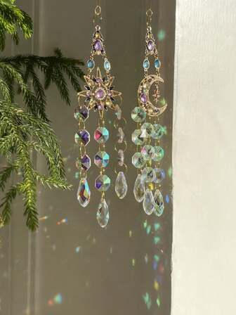 Adornos recolectores de luz de sol, luna y estrella, decoración de ventana, colgante de prisma colgante, colgante decorativo de atrapasol de cristal para el hogar, atrapasol de cristal con forma de sol, luna y estrella en forma de corazón, móvil de cristal